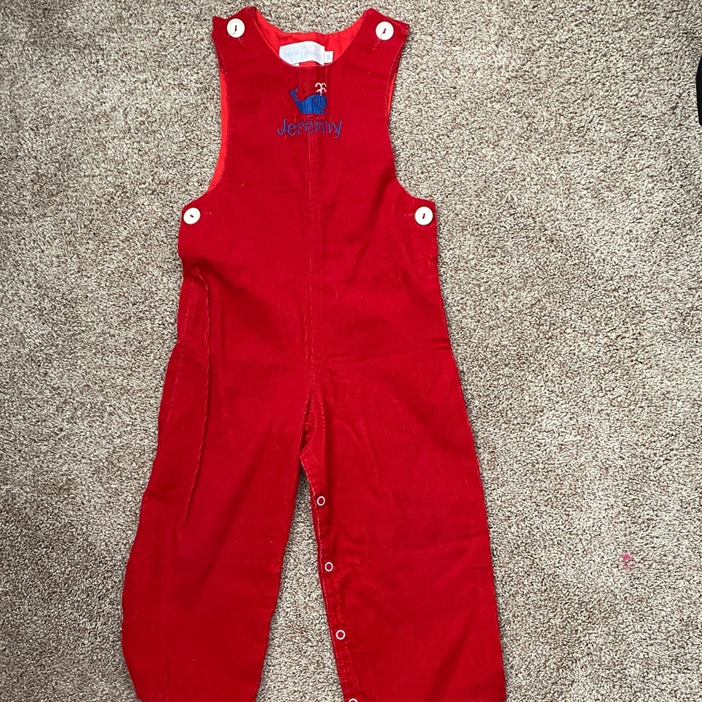 Red Kids Overalls- Monogrammed with the Name Jeremy.